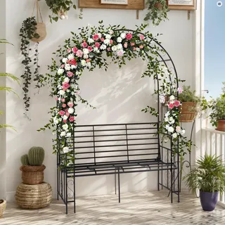 Bonnlo Rosenbogen aus Metall, Stabil Wetterfest Rankhilfe aus Pulverbeschichtetem Stahl, Rankgitter für Garten, Rosen,Plantzen,134x59.00x203cm/Schwarz (Kuppeldach mit Bank)