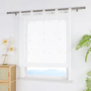 ESLIR Raffrollo mit Schlaufen Leinen Raffgardine Bestickt Transparent Gardinen Wohnzimmer Schlaufenrollo Modern für Fenster ohne Bohren Weiß BxH 100x140 cm 1 Stück
