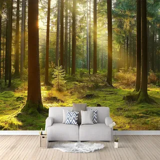 3D Vliestapete Sonnenuntergang Wald Grün 250x175 cm Fototapete, Wanddeko, Wandbild, Wandtapete, Vlies Tapete, Wohnzimmer Schlafzimmer Büro Flur Wand Dekoration