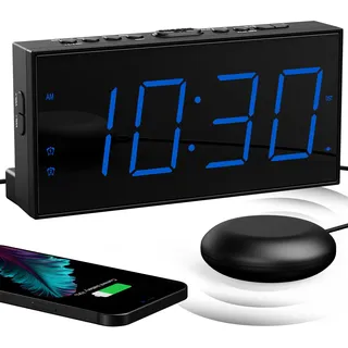 Mesqool Extra Lauter Wecker mit Bettschüttler, Vibrierend für Gehörlose | Vibrationswecker für Schwerschläfer, Hörgeschädigte, Jugendliche, Doppelt, Großes Display, USB-Ladegerät, Dimmer, Schlummer