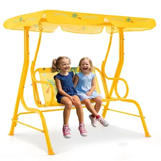 FANTASK Kindgerechte Schaukel, Kinder Hollywoodschaukel mit verstellbarem Sonnendach & Metallgestell, Gartenschaukel mit Sicherheitsgurten (Gelb)