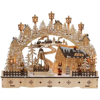 Dekohelden24 LED Schwibbogen LED Holz Schwibbogen mit bewegter Weihnachtspyramide Motiv: Bergmänner, L/B/H ca. 45 x 12 x 35 cm, für Batterie- oder Adapterbetrieb.