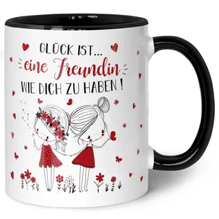 Bedruckte Tasse mit Spruch - Glück ist eine Freundin - Spülmaschinenfest - Mikrowellengeeignet - Geschenk für Freundinnen, Freunde, Familie & Kollegin zum Geburtstag Farbe Schwarz & Weiß