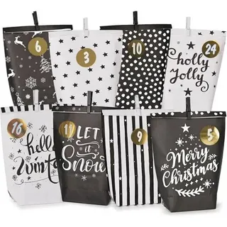Adventskalender Schwarz-Weiß Papier 24 Motiv-Tüten Basteln Weihnachten