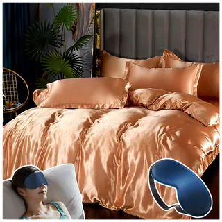 NIDSNID Satin Bettwäsche 135x200 4-teiliges Set, Seidig Glatte Bettbezug mit 25cm Spannbettlaken, Kühlende Eisseide Bettwäsche-Sets, Anti-Falten & Atmungsaktiv (Bed1.2-D,Dark Gold)