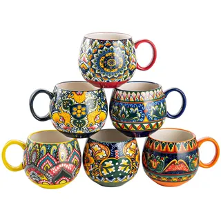 Tassen Set Porzellan, Ceramic Cappuccino Tassen/Mug Set - 600ml, Geschirr Tasse Becher für 6 Personen, Kaffeebecher Set - Bohemian Style