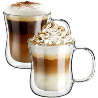 ecooe 350ml Doppelwandige Latte Macchiato Gläser Kaffeegläser 2er Set | Borosilikatglas, Doppelwandige, Mit Henkel, Geeignet für Cappuccino Tee EIS Milch Bier