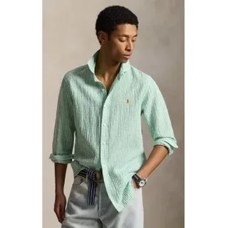 Polo Ralph Lauren für Herren. 710B16700004 Custom Fit sirsaca Hemd mit grünen Streifen (L), Lässig, Baumwolle, Langarm