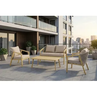 Bjorkka Gartenlounge-Set "LOARA CAFFE HOLZ-OPTIK" Stahl, mit Tisch, Geflochten / Rope Design, (4-tlg), Geflecht, Pflegeleicht, Gartenmöbel-Set, Skandinavisch / Boho braun