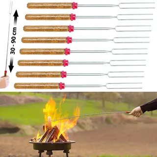 infactory 8er-Set Teleskop-Grillspieß & -Gabeln mit Holzgriff, ausziehbar, 90 cm