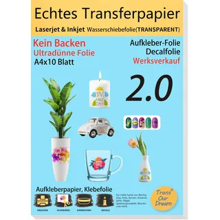 transourdream A4X10 Inkjet/Laser Wasserschiebefolie | (Hauchdünn),Kerzentattoos,Decalfolie,Nassschiebefolie für Spielzeugmodelle,Tassen,Keramik, Glas, Kunststoff,waterslide paper