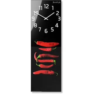 FLEXISTYLE Rechteckige Wanduhr küche, 20 x 60 cm, aus Glas, mit Direktdruck rechteckig modern länglich CHILLISCHOTEN