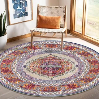 Nyescasa Teppich Rund 80 cm Vintage Boho Mandala Teppich Wohnzimmer Waschbar rutschfest Weich Kurzflor Runder Teppiche für Schlafzimmer Kinderzimmer Outdoor, Orange Rot