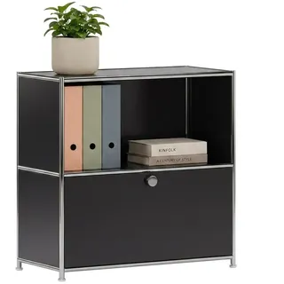 ofinto Cubox Metall-Kommode – Modulares Designer Sideboard Stahl, Schwarz | Modulares Metallregal offen mit 1 Klappe, Premium-Stahl mit verchromtem Rahmen