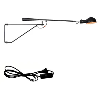 Wandleuchte Arm Schwenkbar Schwarz Retro Wandlampe mit Schalter und Stecker Wand-Leselampe E27 Innen Industrielampe Schlafzimmer Nachttischlampe mit Kabel Verstellbar Lange Wand Lampe Schwarz 115cm