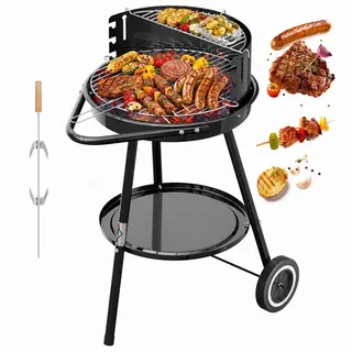 HOMELUX Holzkohlegrill Holzkohlegrillwagen BBQ Grill, Doppellagiger Grill, Set, inkl. Grillspieß, Rollen & Windschutz, Standgrill Grillwagen Rundgrill Kohlegrill schwarz