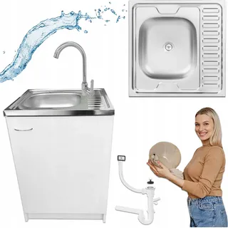 STAMAR Spülenschrank Küchenschrank 60cm Weiß Spüle Reversibel Armatur Hoch Chrom Set (XXL) Standschrank 60cm Tiefe Siphon Geschirrspüler Komplett Montagefertig weiß