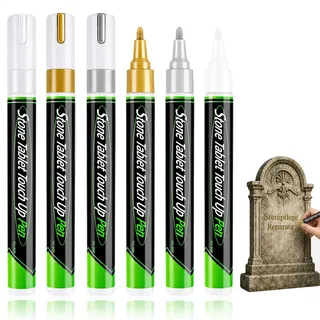 ZYNERY Grabstein Stift 6er-Set Wetterfest für Granit, Marmor & Metall | 2 Gold, 2 Silber, 2 Weiß, Schnelltrocknend, Wasserdicht, Verblichene Inschriften, Lackstift