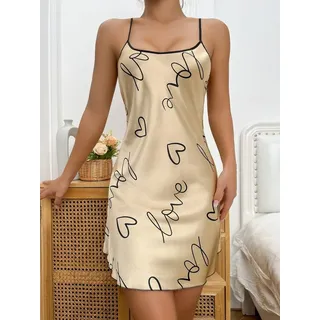 Elegant Love Nachthemd Sexy Negligee für Damen, Nachtwäsche aus Satin (1-tlg) Rückenfreie Loungewear mit Herz- und Buchstabendruck goldfarben XL (44)