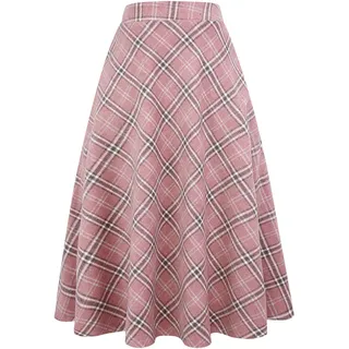Langer karierter Wollrock für Damen, Winter, Herbst, warm, hohe elastische Taille, A-Linie, ausgestellt, plissiert, Wolle, Schottenkaro, Pink, Mittel - M