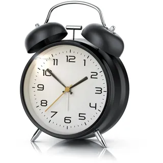 BEARWARE Wecker Analog, rund, Beleuchtet, Retro, lauter Glockenalarm für Tiefschläfer lauter Klingelton, leiser Sekundenzeiger, Licht, große Zahlen