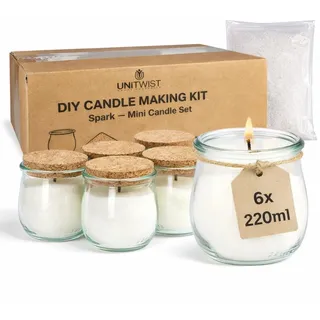 UNiTWIST® SparkMini DIY Kerzenset – Candle Making Kit im WECK® Glas | 6× 220 ml Tulpengläser, Korkdeckel & Dochte + 1 Kg Powder-Wachs | Kerzen selber machen Set für Erwachsene & Geschenkidee