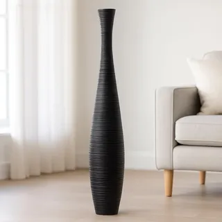 Leewadee Große Hohe Bodenvase 105 cm - Handgefertigte Mangoholz-Bodenvase in Schwarz für Pampasgras & Trockenblumen