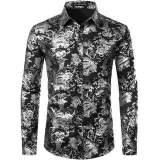 PARKLEES Herren Luxus Paisley Gemustert Golden Glänzend Slim Fit Freizeithemd - M