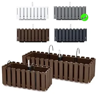 Blumenkasten Blumentopf Balkonkasten Latten-Optik mit Halterungen Wasserspeicher Pflanzkasten Pflanzgefäß inkl. Aufhängung Lattenzaun-Design (380 Grau)