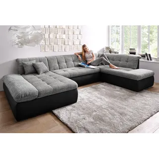 DOMO collection Wohnlandschaft DOMO COLLECTION "MORIC 353x216x80 cm, mit viel Platz, U-Form, auch in Cord", grau (schwarz, weiß, grau), B:353cm H:80cm T:216cm, Microfaser PRIMABELLE / Struktur (90% Polyester/ 10% Polyacryl);Kunstleder SOFTLUX / Struktur (90% Polyester/ 