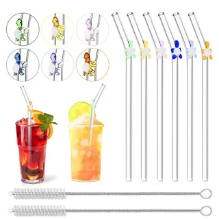 6 Pcs Glas Strohhalme mit 2 Reinigungsbürsten, Klare Gebogene Glasstrohhalme mit Bunte Schildkröten, für Cocktail und Bubble Tea Strohhalme