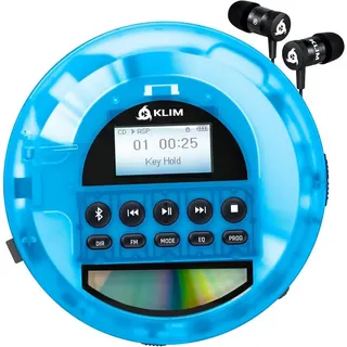 Klim Nomad Transparent Blau - tragbarer CD-Player Walkman mit ausdauerndem Akku - inklusive Kopfhörer - MP3 Player - TF-Karte, FM Radio, Bluetooth, AUX - ideal für Zuhause und Auto