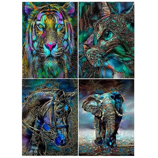 DCIDBEI 4 Pack Diamond Painting Tiere 30x40 cm Diamond Painting Tiger Diamant Painting Diamond Painting Katze Tiger Diamond Painting Pferde Malen nach Zahlen Elefant Diamant Painting Katze Mosaik Grün