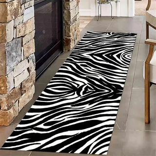 Zebra Läufer Teppich, 60x240cm Schwarz-Weiß Gestreift, Akzent Teppich für Eingangsbereich, Rutschfeste Fußmatte für Innenbereich, Tier Print, Waschbarer Teppiche für Küche, Wohnzimmer, Schlafzimmer