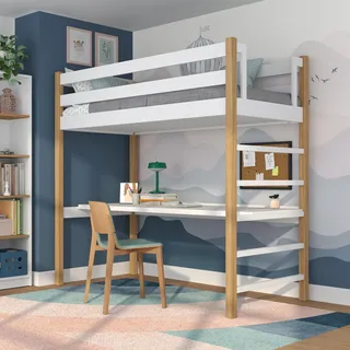 N-wood N01 Hochbett mit Schreibtisch, Etagenbett 120x200 cm, aus Eichenholz, 2 Leitermontageseiten: Links oder rechts, sichere abgerundete Kanten, Stabile Massivholzkonstruktion, Weißeiche