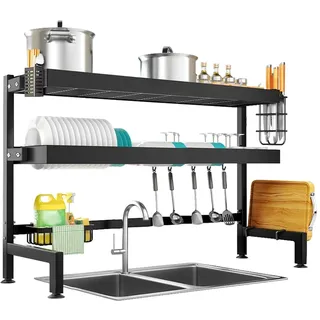NETEL Abtropfgestell Über Spüle, 3-Stufig Geschirr Abtropfständer, Rostfreie Küche Über Dem Waschbecken Regal Spülbecken Organizer mit Utensilienhalter, Schneidebretthalter, Schwarz, Länge 105cm