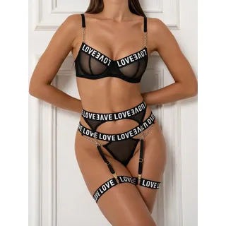 Elegant Love Set: Bügelloser BH Damen Dessous-Set, BH-Set mit Druckmuster – Sexy Reizwäsche aus Spitze (Set, 5-tlg., BH, Tanga, Strumpfhaltergürtel, zwei elastischen Beinbändern) Elegantes Unterwäsche-Set mit Strapsen und „LOVE“-Print – Lingerie-Set schwarz S