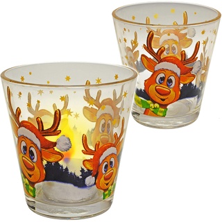 2 Stück Glas - Teelichthalter/Windlicht - süßes Rentier - Weihnachten - groß - für Kerzen + Teelichter/Kerzenhalter - Innen & Außen - Adventskranz - Tee..