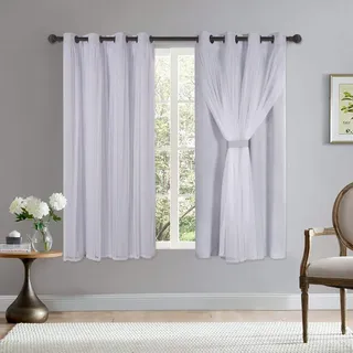 Bonzer Doppellagige Vorhänge mit Ösen, durchscheinender Voile, für Schlafzimmer, Mix and Match, Verdunkelungsvorhänge, weißes Geyish, 132 x 160 cm, 2 Paneele