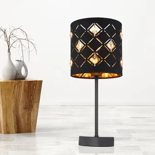 Tischleuchte Beistelllampe Wohnzimmerleuchte, Modern Stoffschirm, Tischlampe Nachttischleuchte, Schwarz Textil Acryl Kristalle, 1x E14 Dxh 15x35 Cm