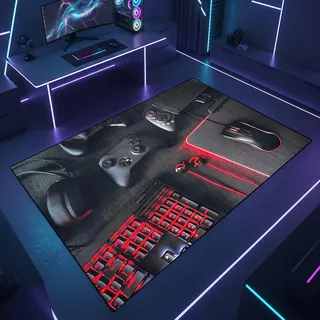 Teppich-Traum Gaming Teppich Konsole Rot Schwarz 120x170 cm | Rote Akzente mit Gamepads und Spielekonsole, rutschfeste Unterseite, strapazierfähig, pflegeleicht und angenehm weich