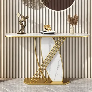 Konsolentisch, moderner Konsolentisch in Gold und Schwarz mit Metallsockel, schmaler Eingangstisch aus Kunstmarmor, Langer Tisch mit breiterer Tischplatte (Gold 120 x 30 x 80 cm)