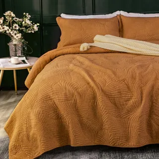 Qucover Tagesdecke Baumwolle Orange Bettüberwurf, Bedspreads 240x260cm Steppdecke Mit 2 Kissenbezügen, Sofa Überwurfdecke Wohndecke Für Bett (Orange, 250 x 270 cm)