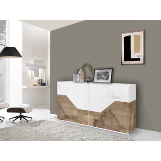 Dmora Modernes Sideboard mit 4 geometrischen Türen, Made in Italy, Küchen-Sideboard, Wohnzimmer-Design-Buffet, cm 159x43h86, glänzend weiß und Ahorn