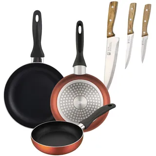 BERGNER - Set aus 3 Pfannen Ø16/20/24cm aus gepresstem Aluminium in metallic-copper mit Set 3 Edelstahlmesser