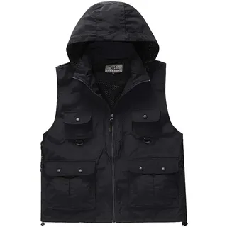 Daoba Herren Schnell Trocknend Outdoor Weste mit Kapuze Multifunktionsweste mit Vielen Taschen Angel-Westen für Jagd Camping Fotografie Wasserdicht