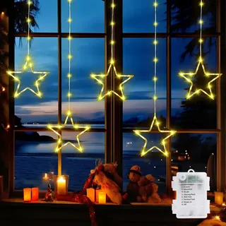 GlobaLink 5 Sterne Lichtervorhang Fenster,1.2M+1M Sternenvorhang Batterie, IP65 Outdoor Weihnachtsbeleuchtung mit Timer Funktion,8 Modi Weihnachtsdeko Sterne für Weihnachten, Fenster(Warmweiß)