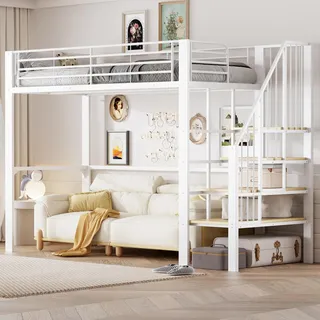 Merax Hochbett 90x200 cm aus Metall mit Treppe und Stauraum unter dem Bett, platzsparendes Einzelbett für Kinder und Erwachsene, Metallbett in modernem Design, Weiß (ohne Matratze)