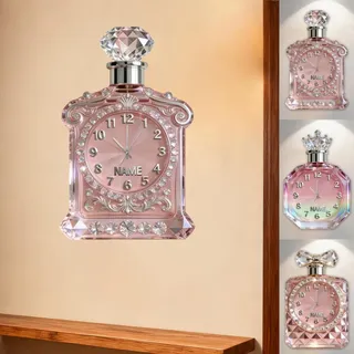Personalisierte 2D-Wanduhr mit flachem Druck, Parfüm-Thema, für Schlafzimmer, Wohnzimmer, Küche, individuelle Kristall-Parfümflasche, Acryl-Wandkunst-Schild, individueller Name, Flaschenform