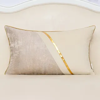 Alerfa 12 x 20 Inch Off White Beige Gold Leder Patchwork Velvet & Polyester Cushion Case Luxury Modern Lumbar Throw Pillow Cover Decorative Pillow for Couch Sofa Living Room Bedroom Car 30 x 50cm